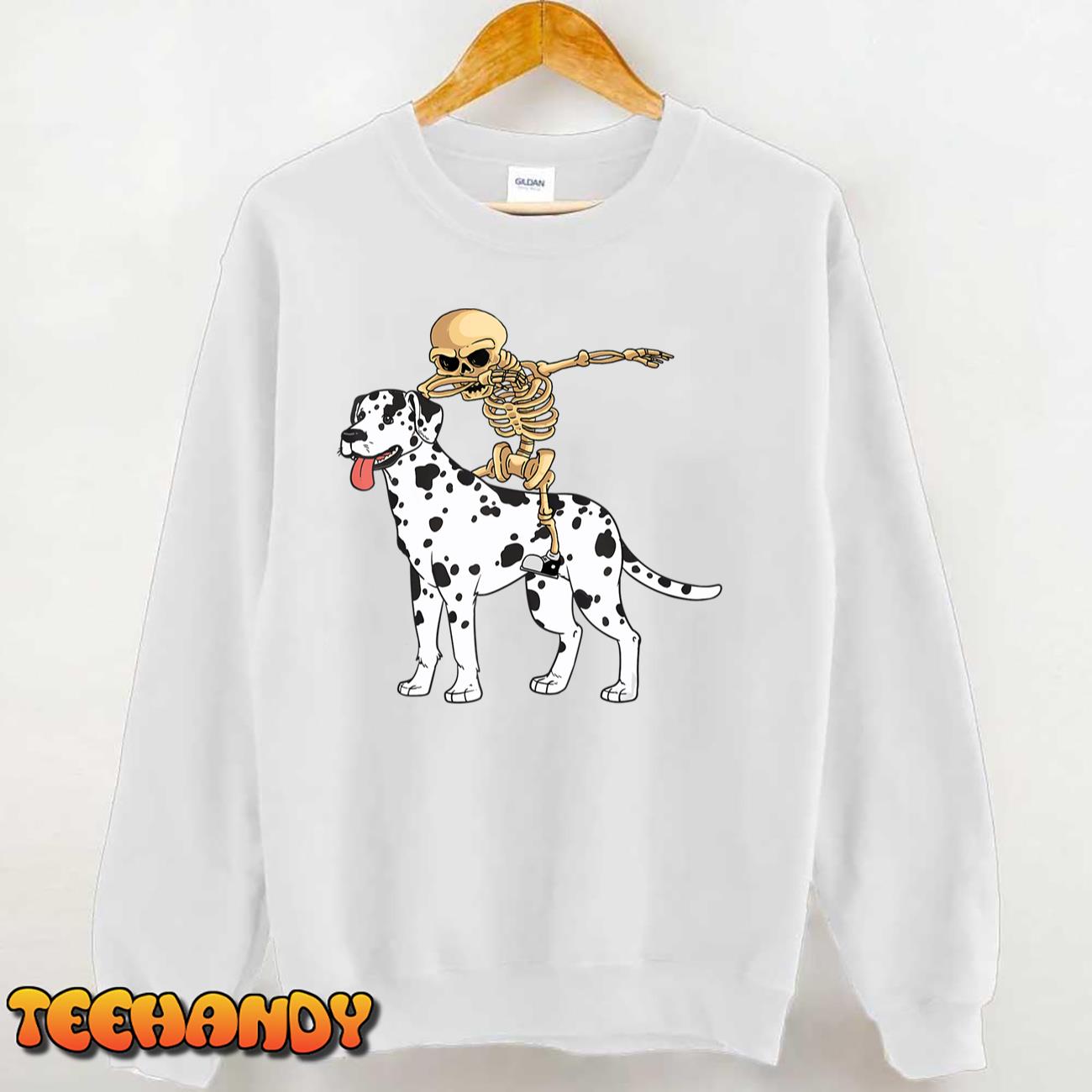 Skeleton Riding Dalmatian Lazy Halloween Costume Cute Dog T-Shirt