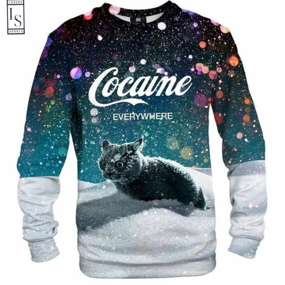 Snow Cat Cocaine in Everywhere Christmas Ugly Sweater