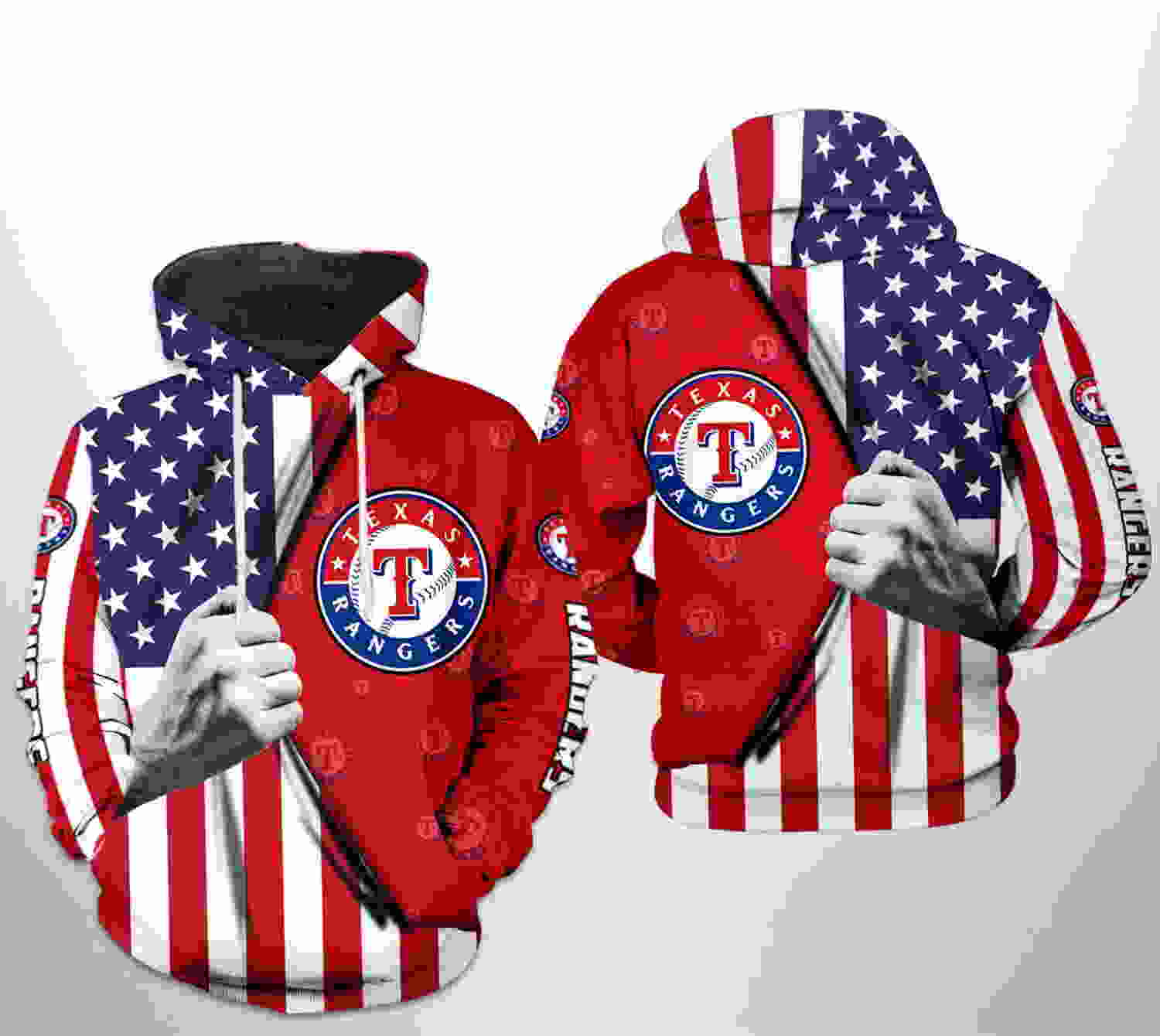 Texas Rangers MLB US Flag 3D Hoodie Zipper Hoodie