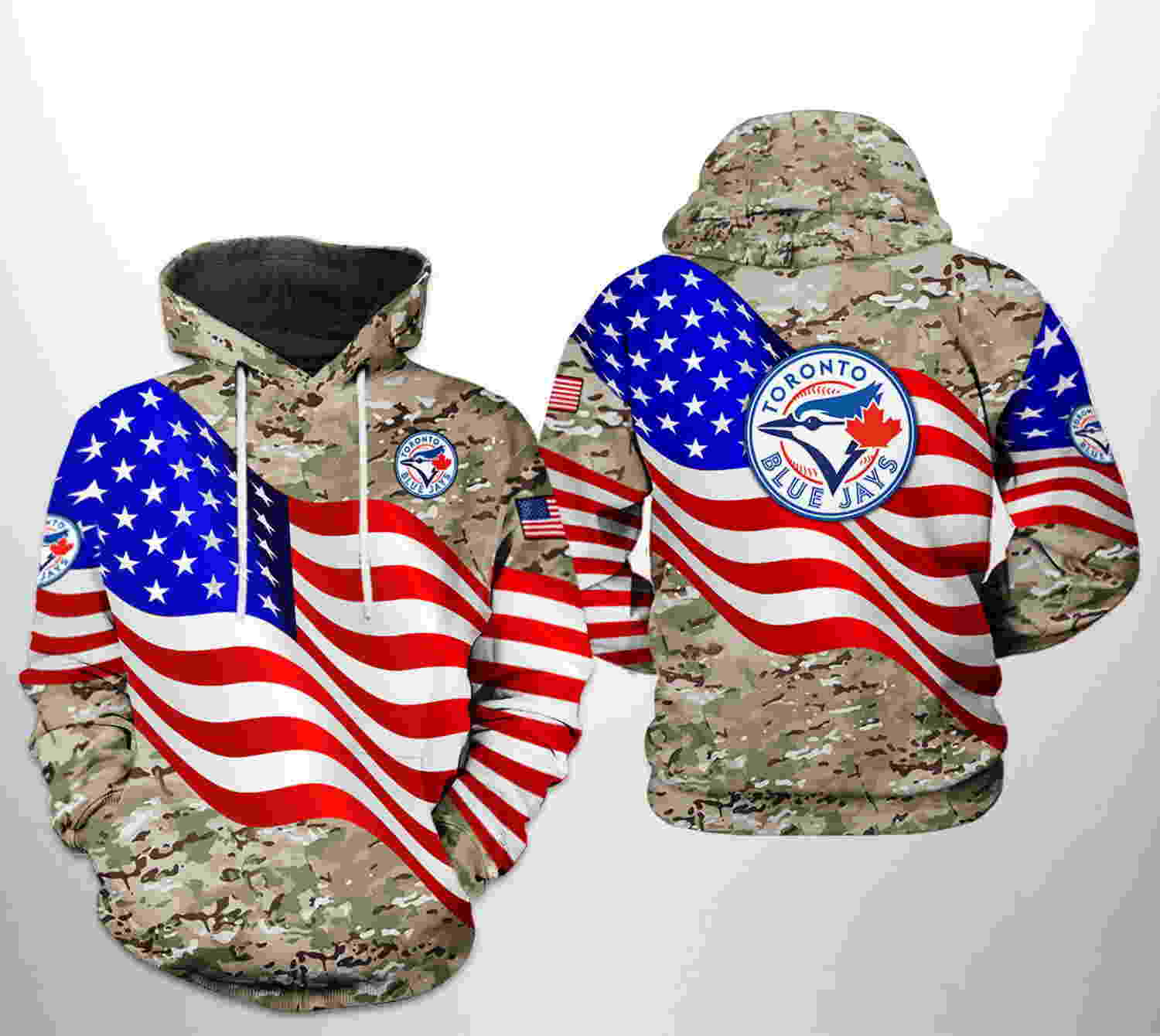 Toronto Blue Jays MLB US Flag Camo Veteran 3D Hoodie Zipper Hoodie