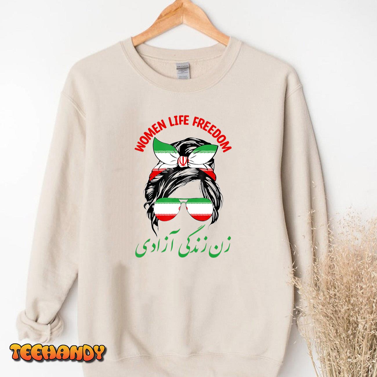 WOMEN LIFE FREEDOM, Messy Bun Cute Iranian Flag T-Shirt