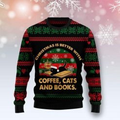 Christmas Better With Cat Coffee Book Christmas Wool Knitted 3D Sweater