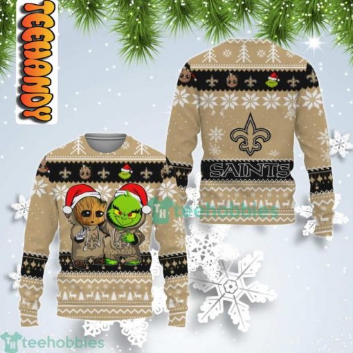 New Orleans Saints Baby Groot And Grinch Best Friends Ugly Christmas Sweater