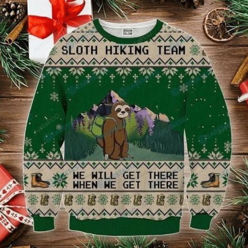 Sloth Hiking Team Green Ugly Christmas Sweater