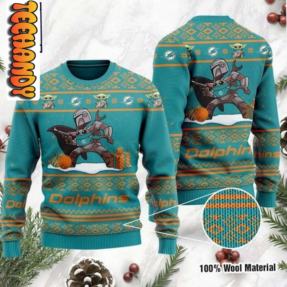 Baby Yoda Boba Fett Miami Dolphins Ugly Christmas Sweater
