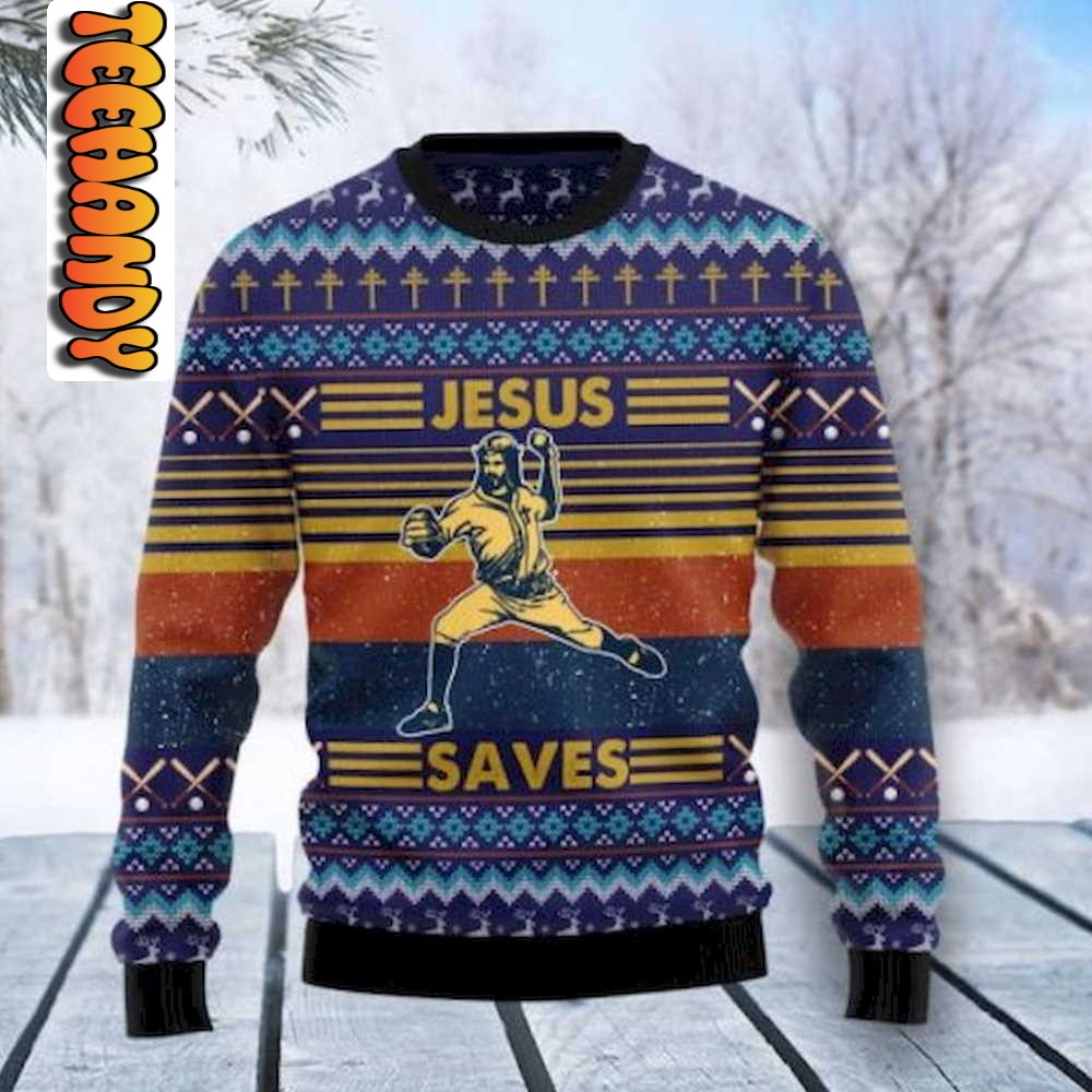 Baseball Jesus Ugly Sweater Christmas 3D