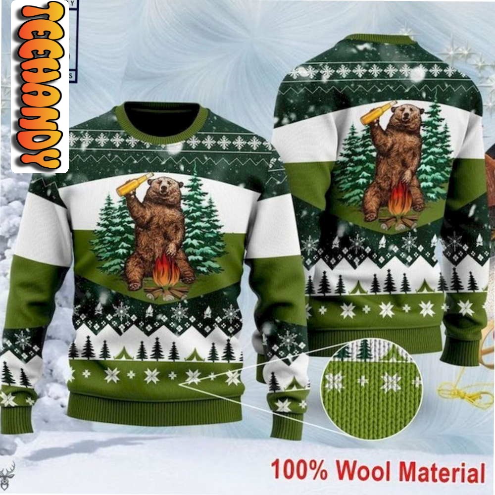 Bear Beer Campfire Ugly Christmas Sweater