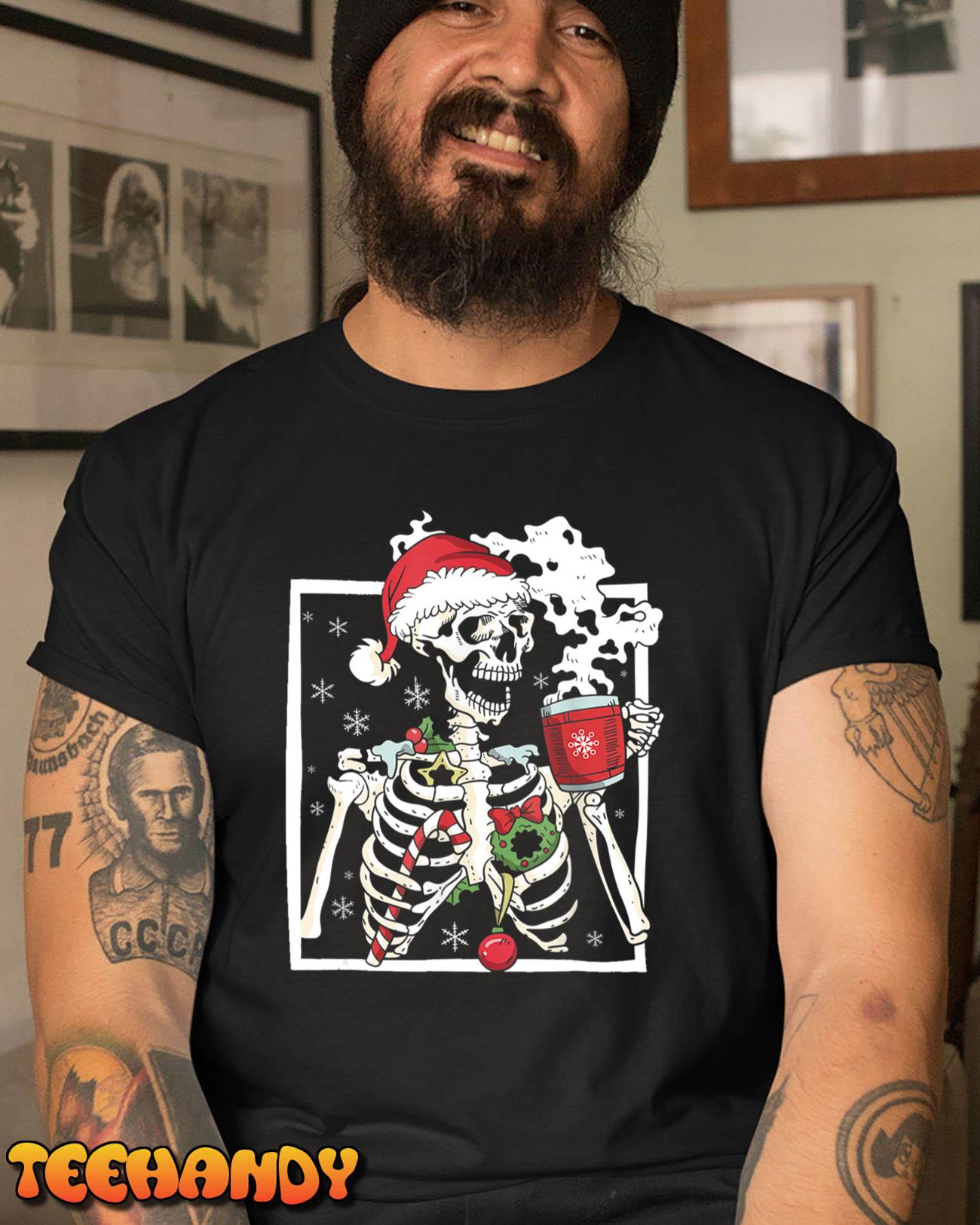 Christmas Skeleton With Smiling Skull Drinking Coffee Latte T-Shirt