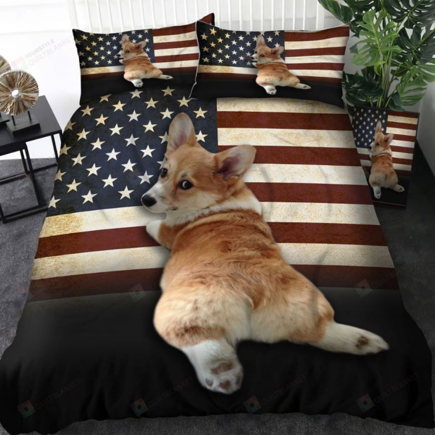 Corgi Dog And American Flag 3D Bedding Set