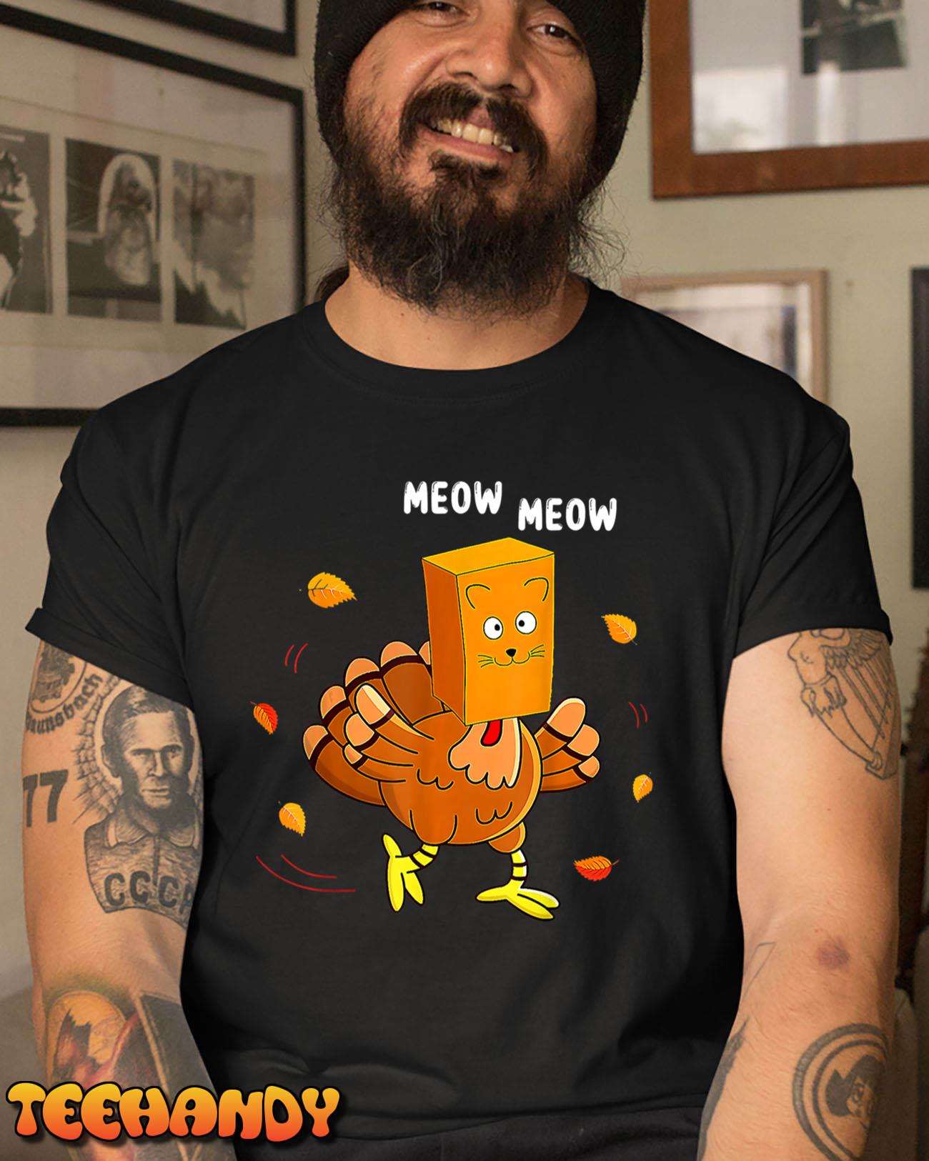 Funny Thanksgiving Women Men Kid Family Turkey Meow Cat Long Sleeve T-Shirt