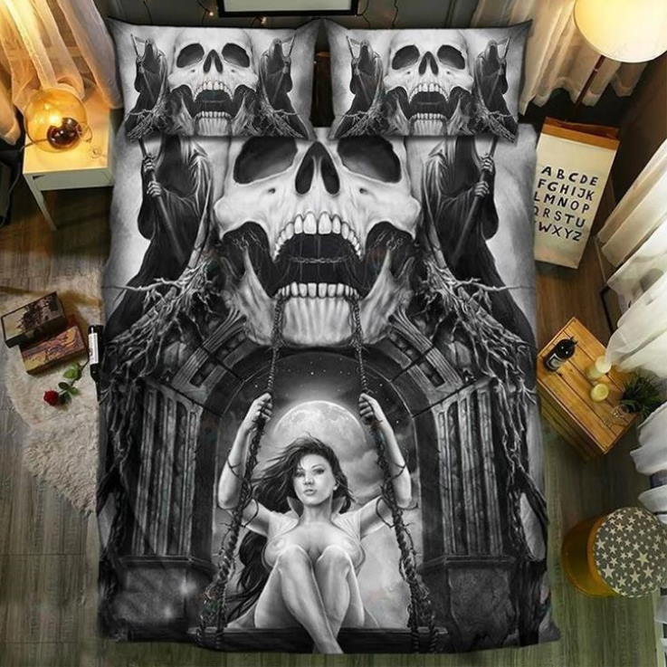 Girl Playing Swing Skull 3D Bedding Set