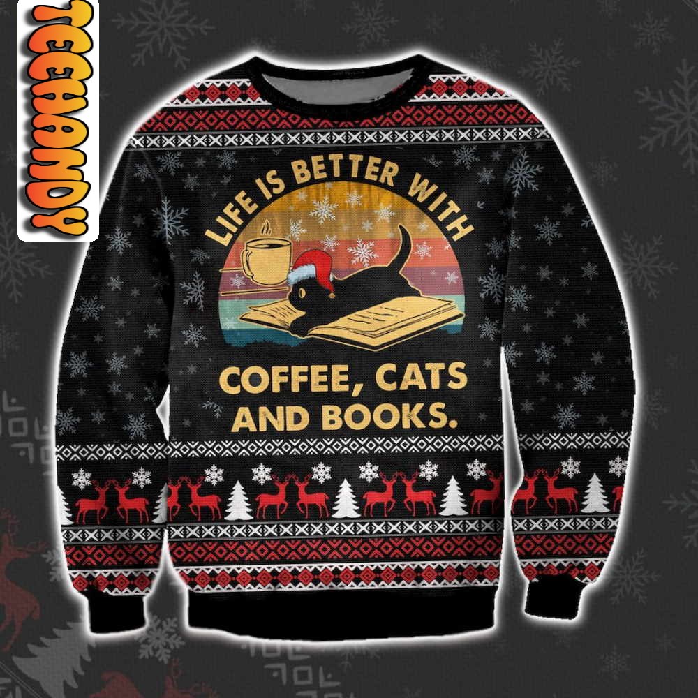 Life Is Better With Coffee, Cat and Books Christmas Ugly Sweater