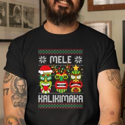 Mele Kalikimaka Christmas Hawaiian Santa Tiki Ugly Christmas T-Shirt
