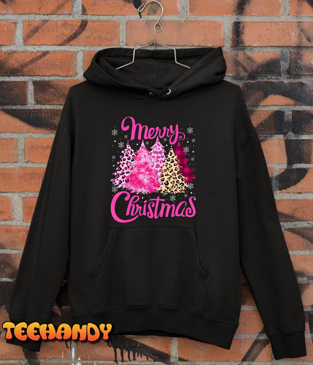 Merry Christmas Tree Pink Funny Xmas Leopard Matching Family T-Shirt