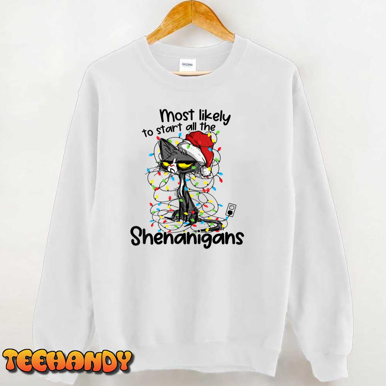 Most Likely To Start All The Shenanigans Funny Cat Christmas T-Shirt