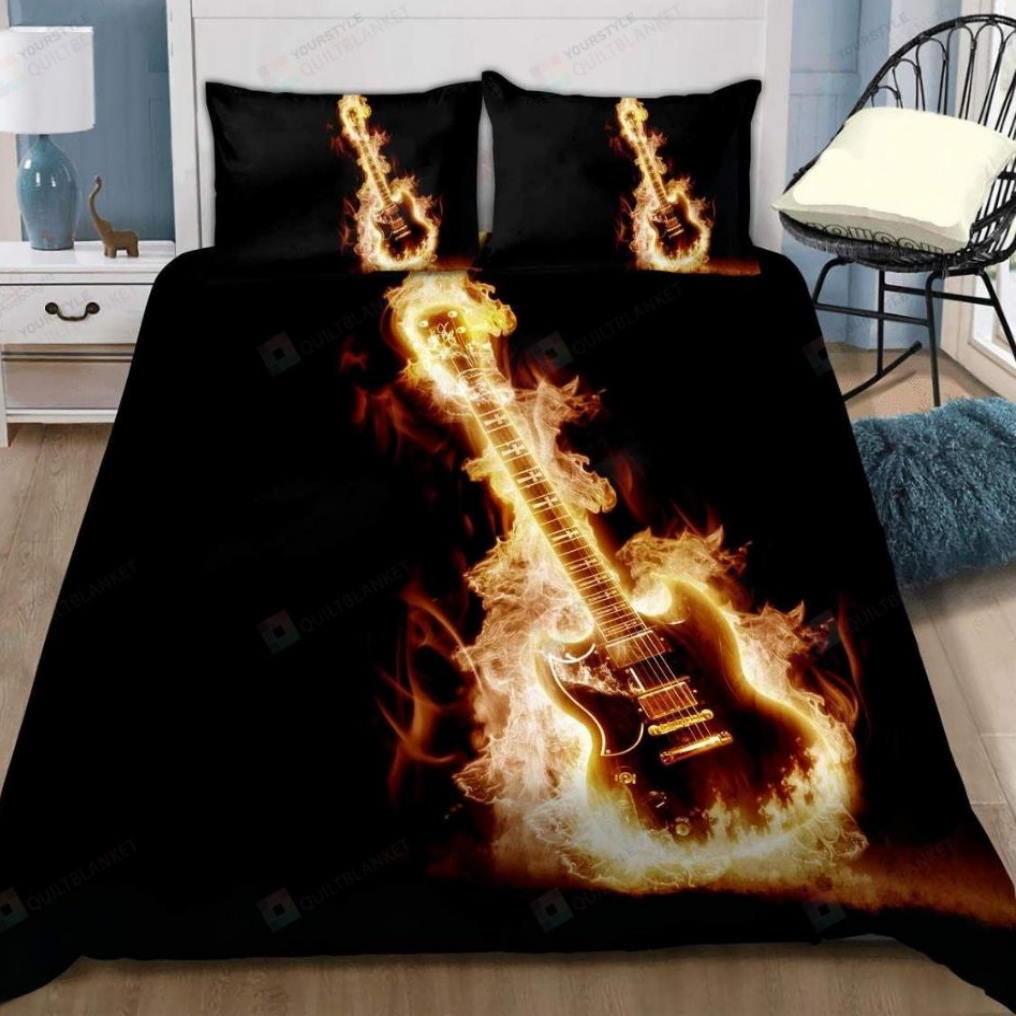 Music Electric Guitar Rock On Fire 3D Bedding Set