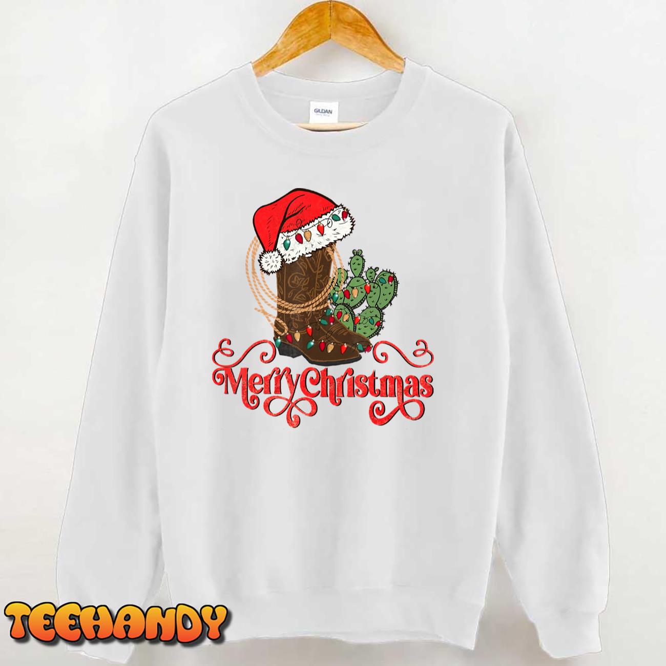 Retro Merry Xmas Santa Hat Cowboy Boots Western Christmas T-Shirt