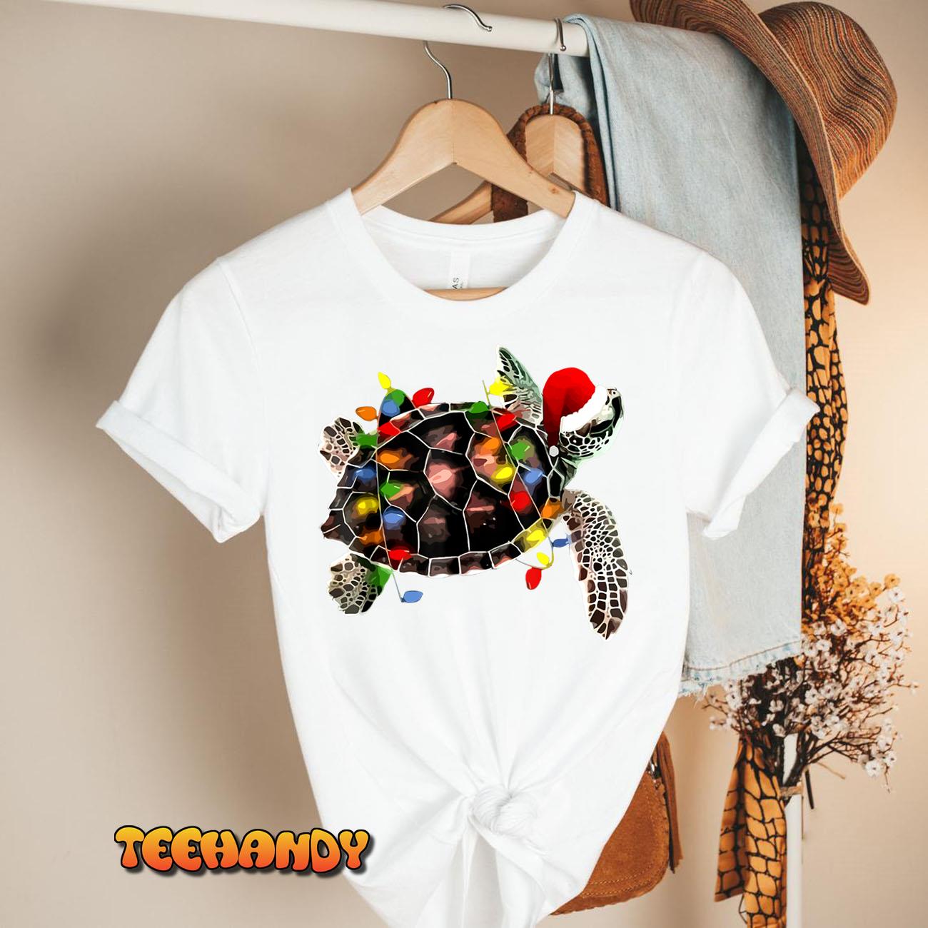 Sea Turtle Christmas Lights Funny Santa Hat Merry Christmas T-Shirt