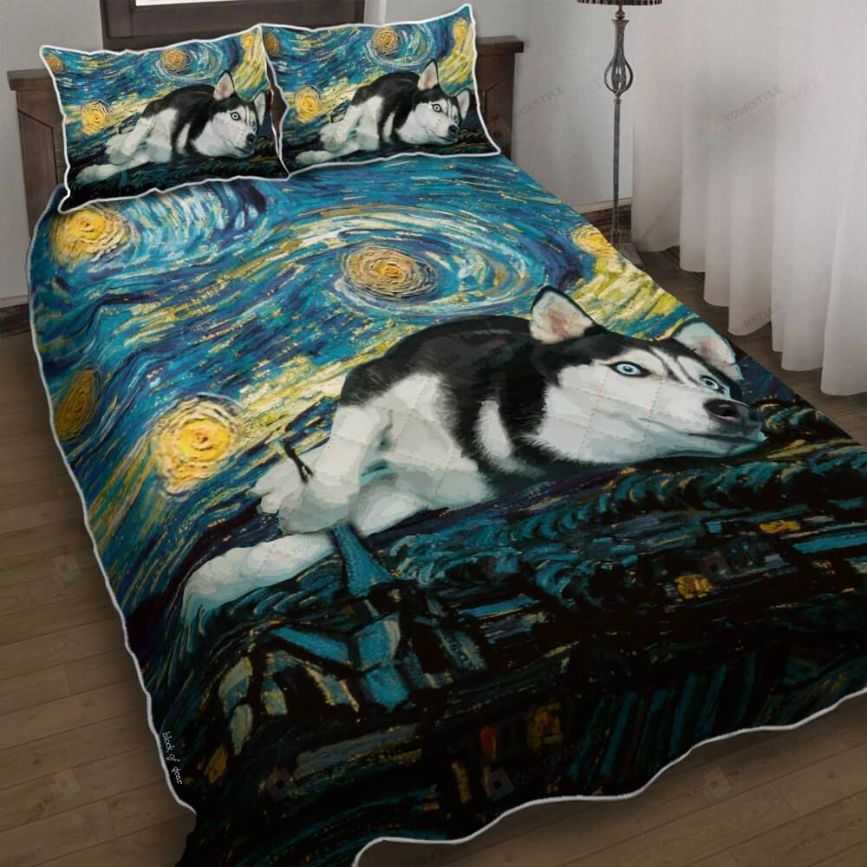 Siberian Husky Starry Night Quilt 3D Bedding Set