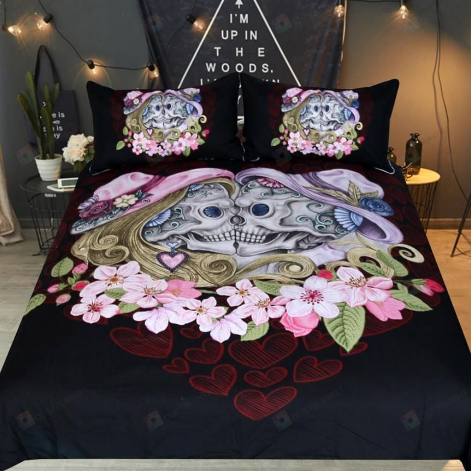 Skull Couples Floral And Pillowcases 3D Bedding Set