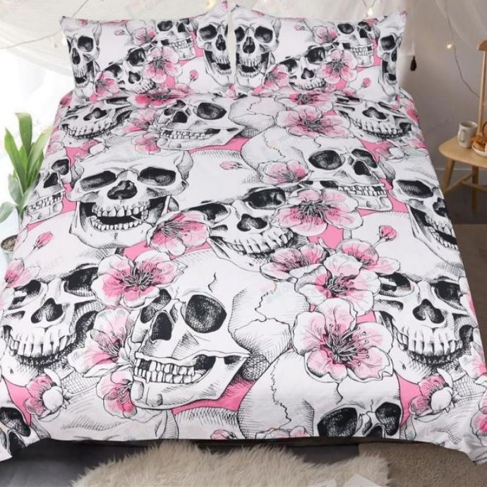 Skull Pink Floral Pattern 3D Bedding Set