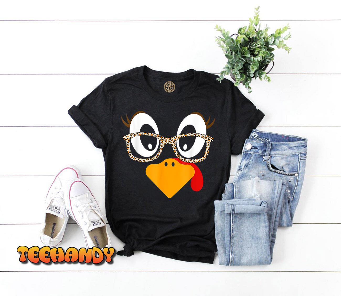 Turkey Face Eyelashes Leopard Glasses Funny Thanksgiving T-Shirt