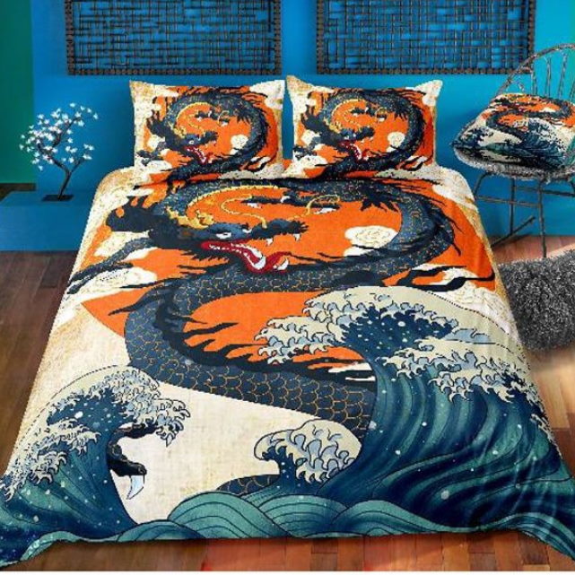 Ukiyo Waves And Dragon 3D Bedding Set