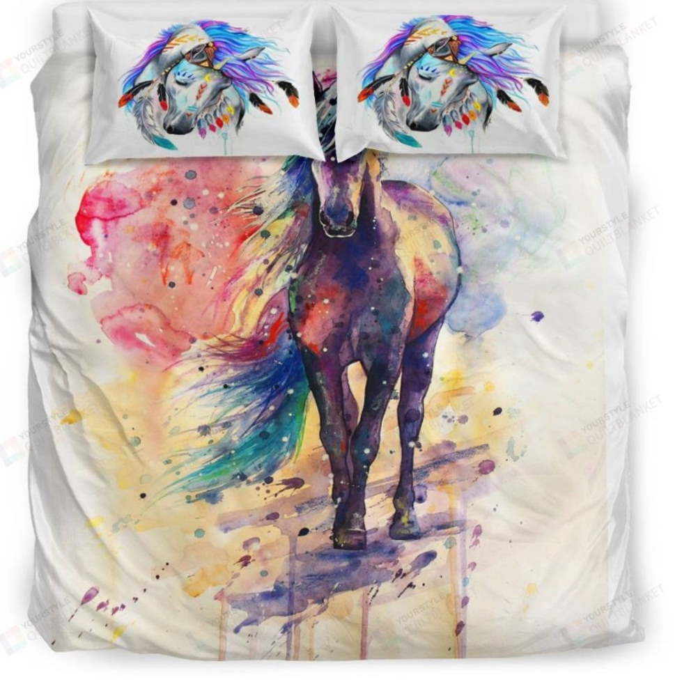 White Watercolor Horse 3D Bedding Set