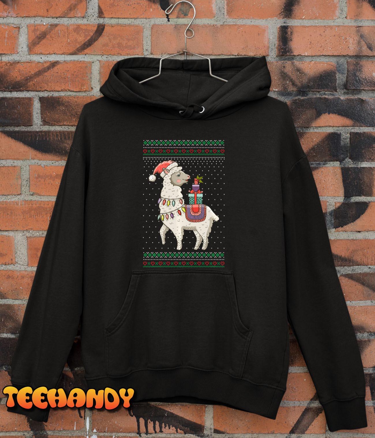 Xmas Lights Ugly Sweater Style Santa Llama Christmas Long Sleeve T-Shirt