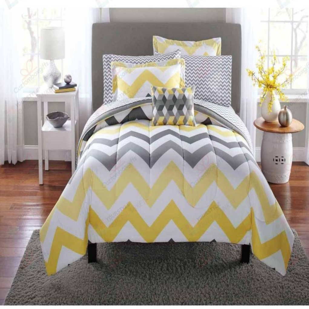 Yellow Grey Chevron Bedding Set