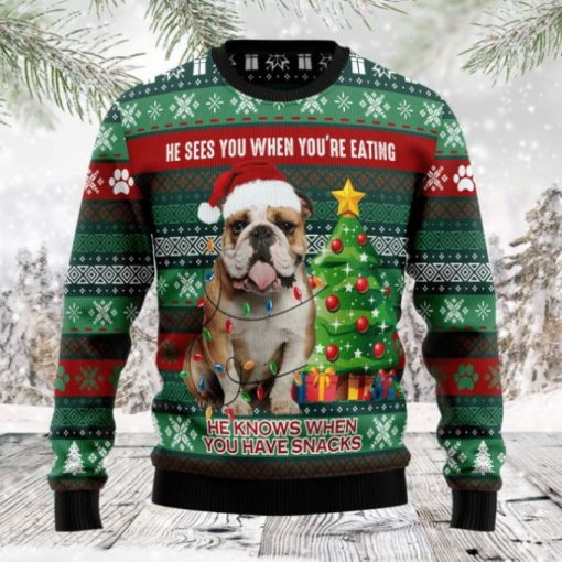 Bulldog Loves Snacks Womens _ Mens Christmas 3D Sweater