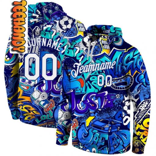 Stitched Graffiti Pattern White Royal 3D Personalized Hoodie