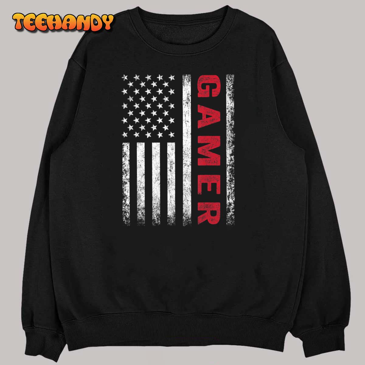 American Flag Funny Gamer Gift Video Games Boys Men Gaming T-Shirt