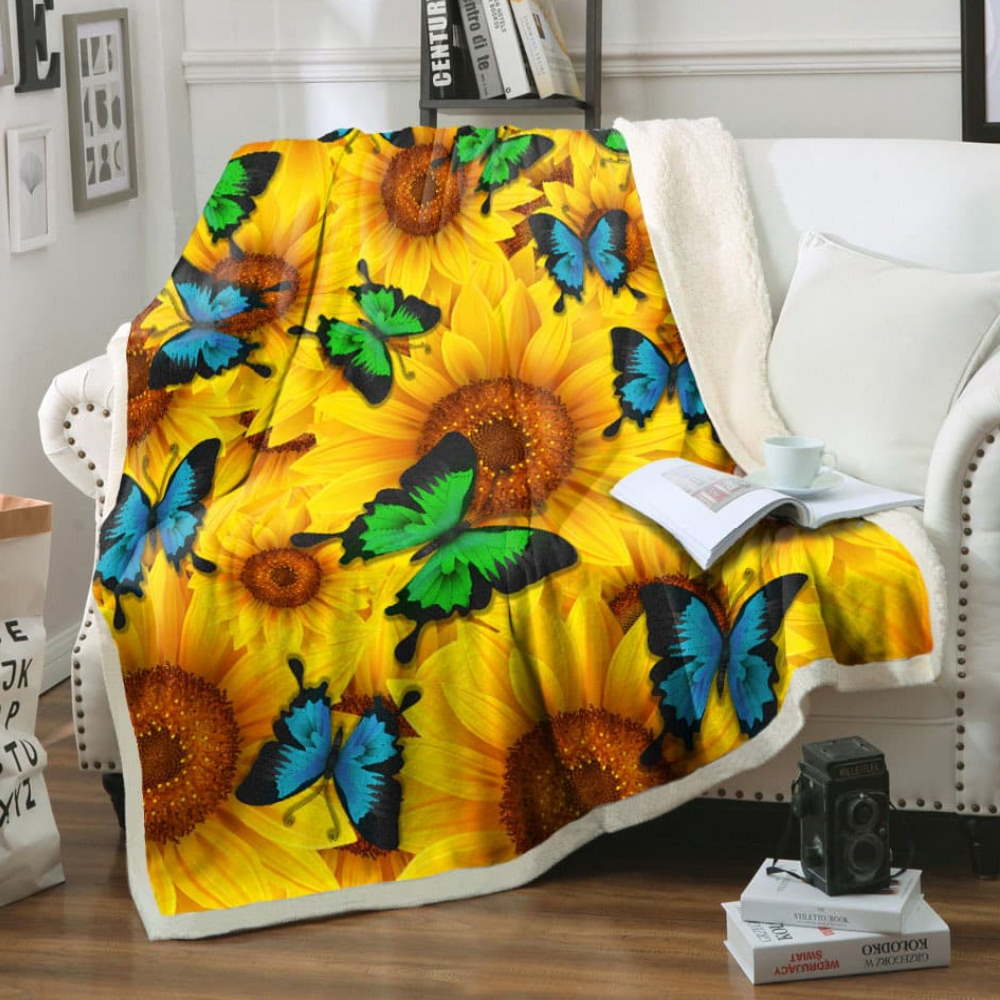 Butterfly And Sunflowers Quilt Blanket