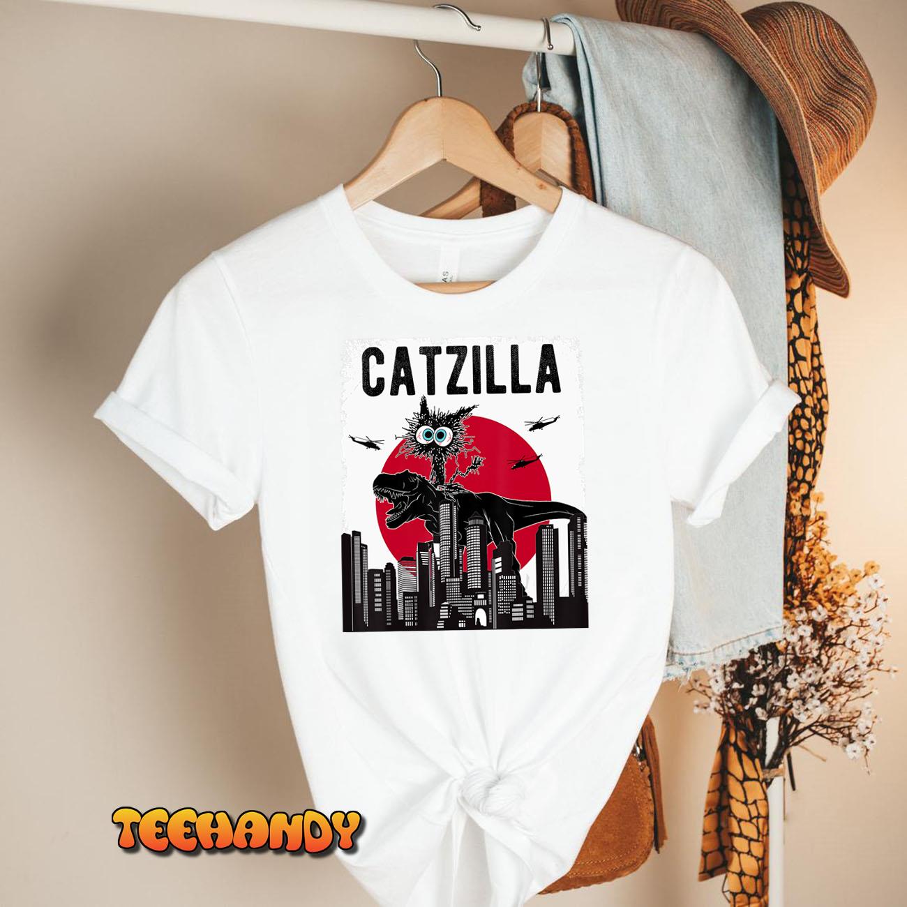 Catzilla Funny Retro Cat Kitten Riding T-Rex Lovers Clothing T-Shirt