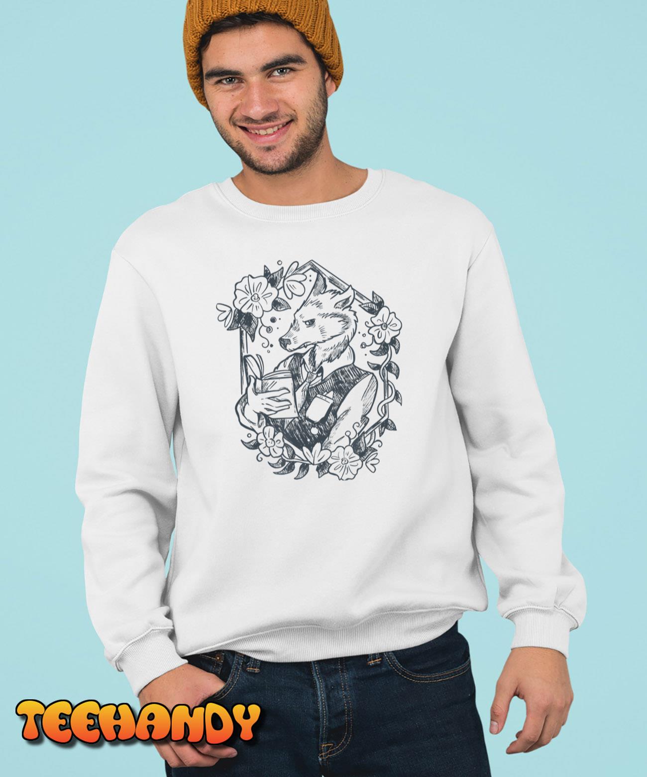 Cool Hand Drawn Werewolf Character Reading Books T-Shirt