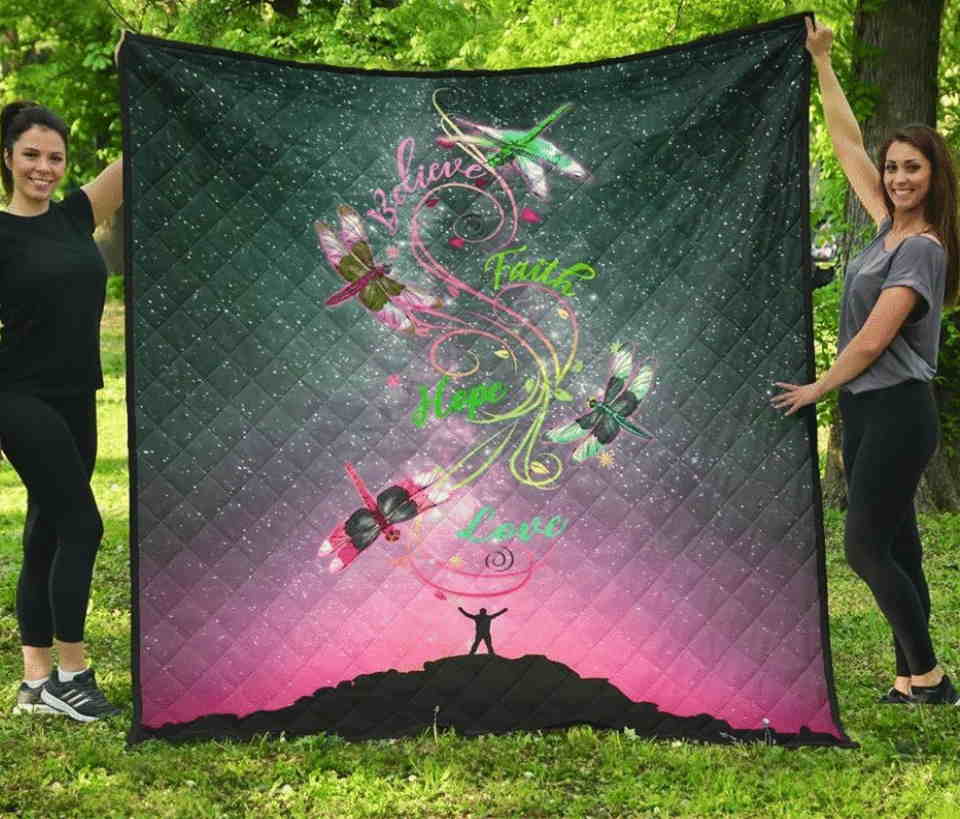 Dragonfly Believe Hope Love Christmas Gift Quilt Blanket