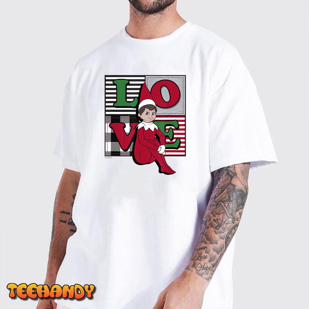 Elf on the Shelf Christmas Love Stacked Plaid Squares Logo T-Shirt