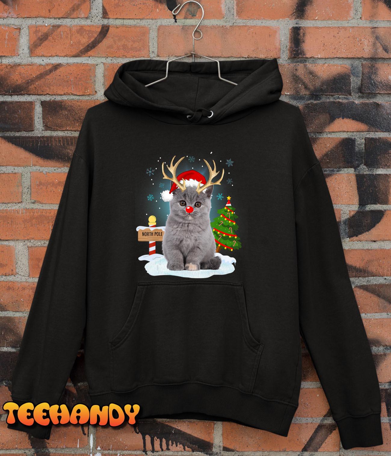 Funny Ugly Sweater Cat Reindeer North Pole Christmas T-Shirt