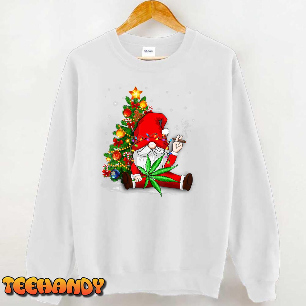 Funny Weed Gnome Christmas Lights Tree Cannabis Marijuana T-Shirt