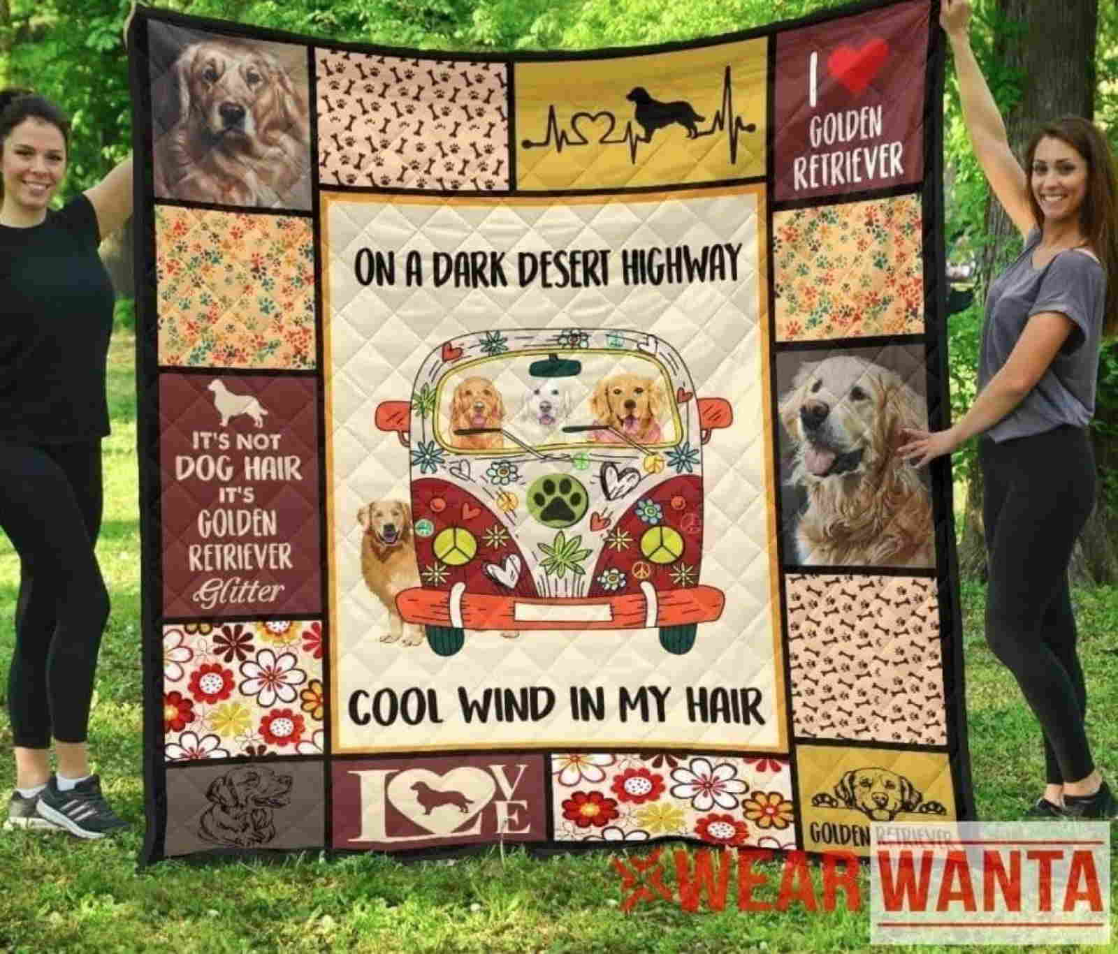 Golden Retriever Hippie Car Quilt Blanket