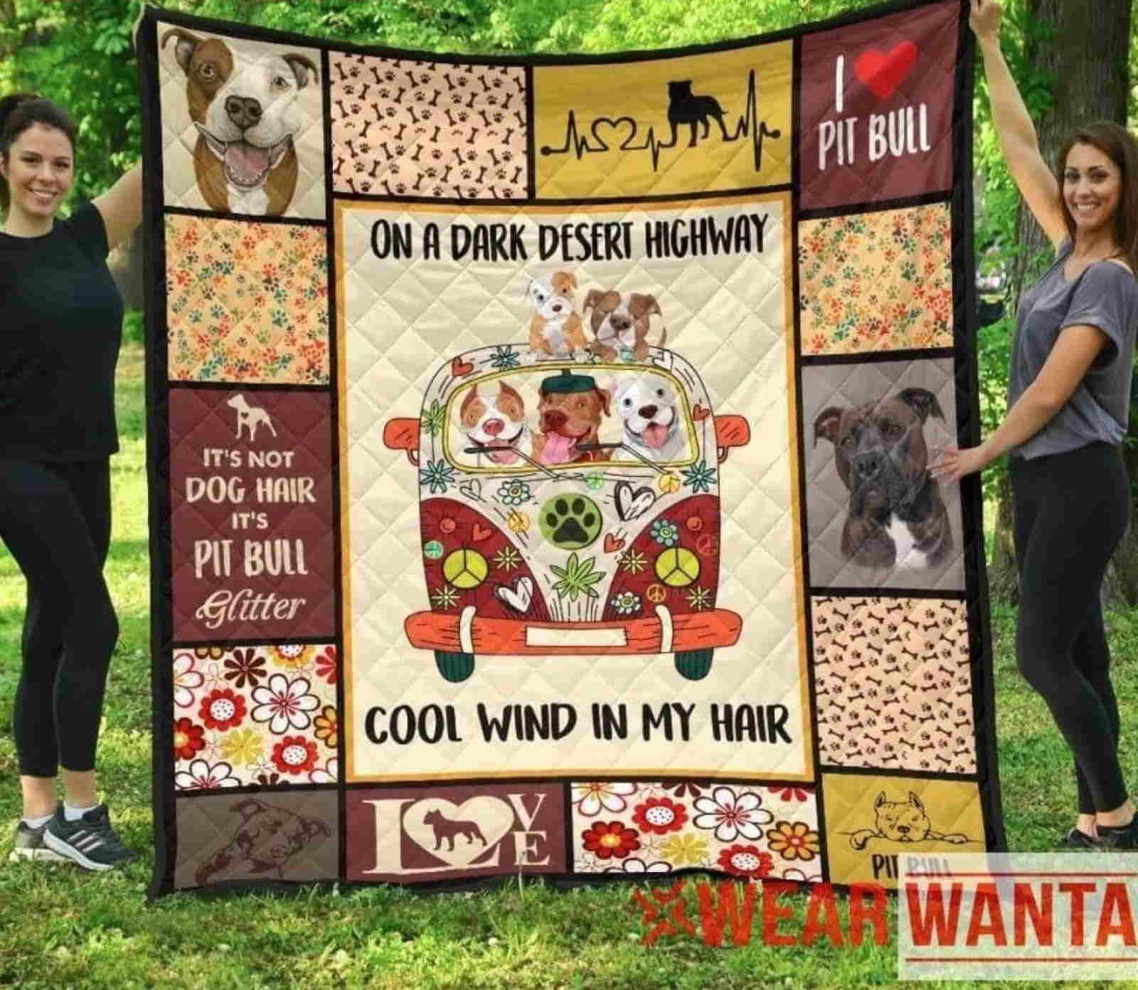 Pitbull Hippie Car Quilt Blanket