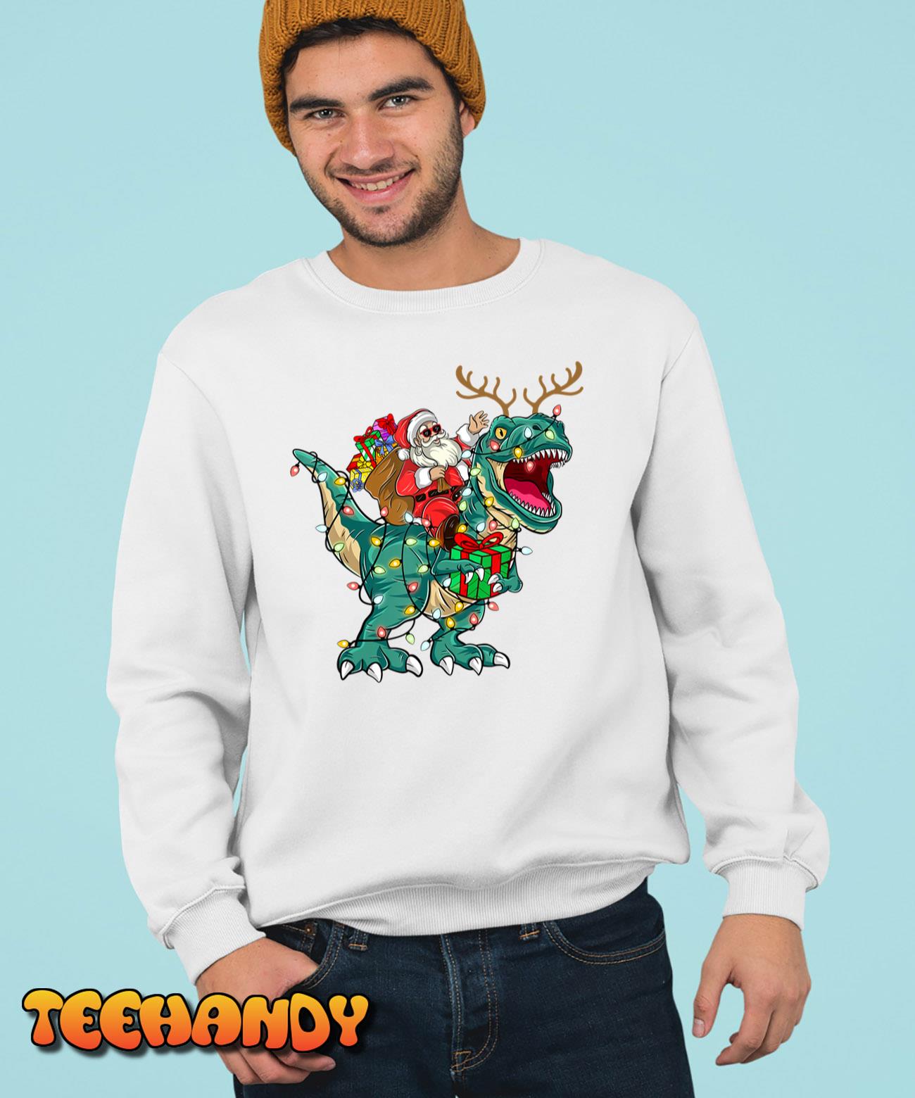 Santa Riding Dinosaur T rex Deer Kids Boys Men Christmas Hoodie