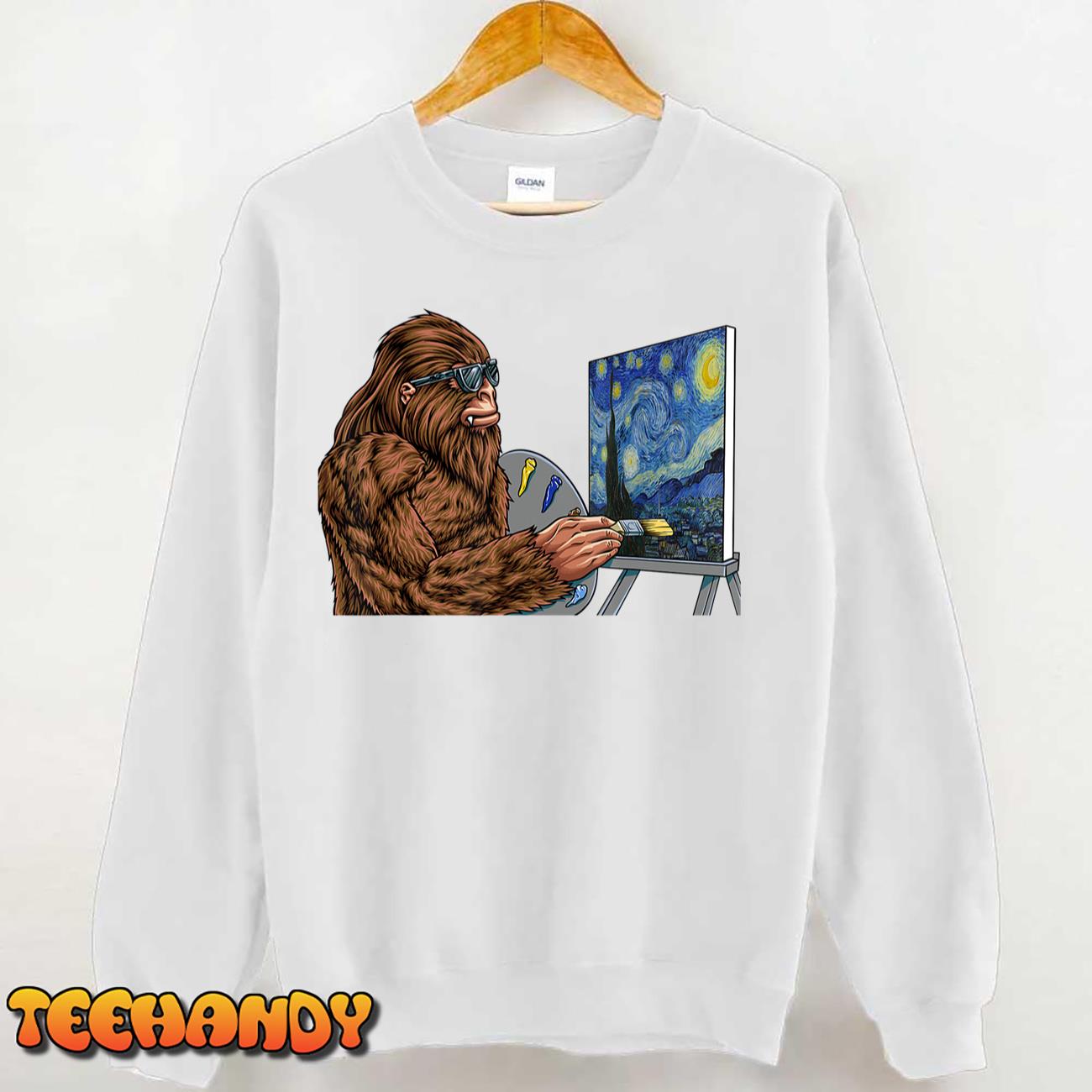 Starry Night Bigfoot Painting – Funny Sasquatch Graphic Art T-Shirt