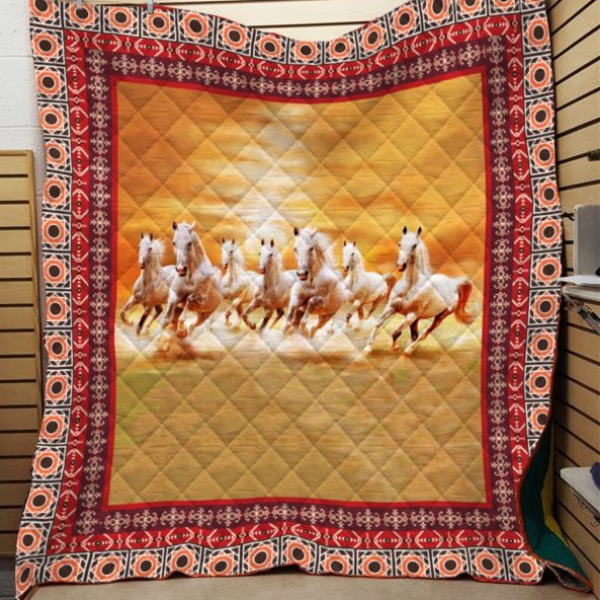 White Running Horses In Sunset Printing 3D Quilt Blanket