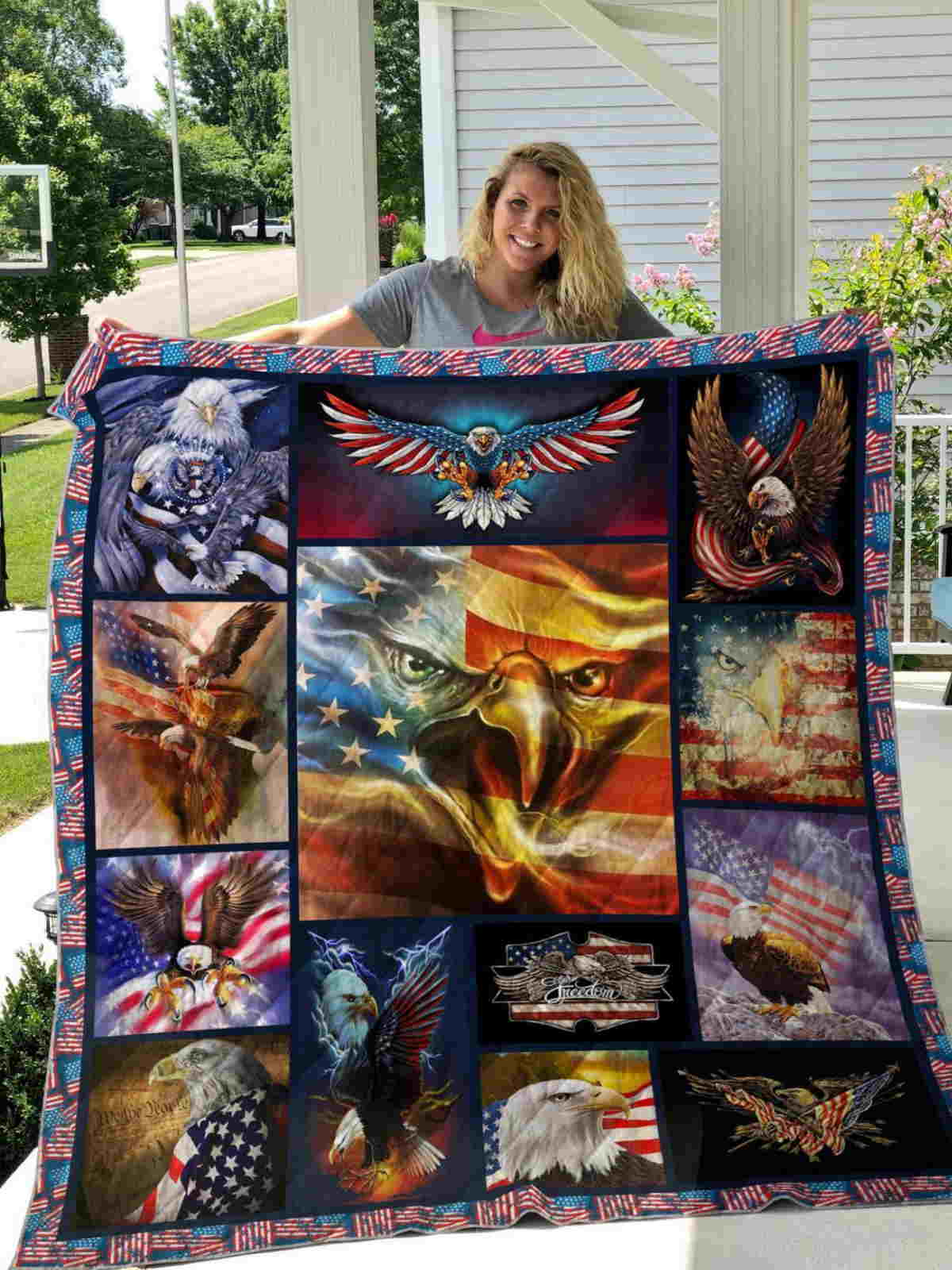 Bald Eagle American Flag Wind 3D Quilt Blanket