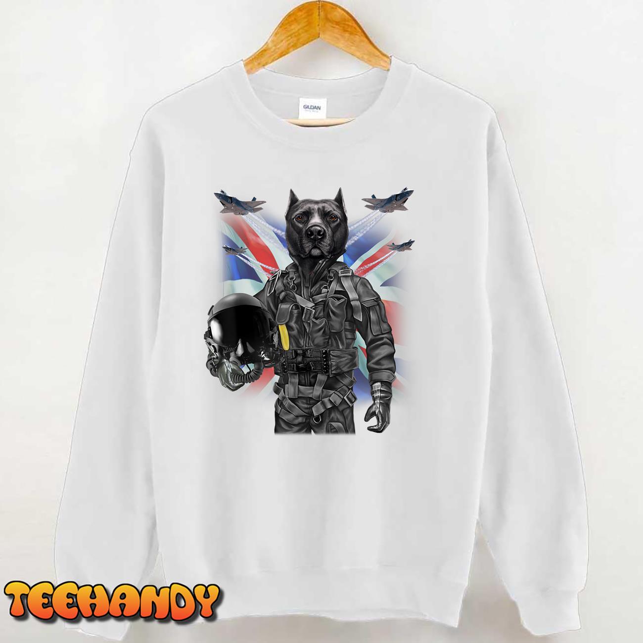 Black Pit Bull Dog as Fighter Jet Pilot, Union Jack T-Shirt