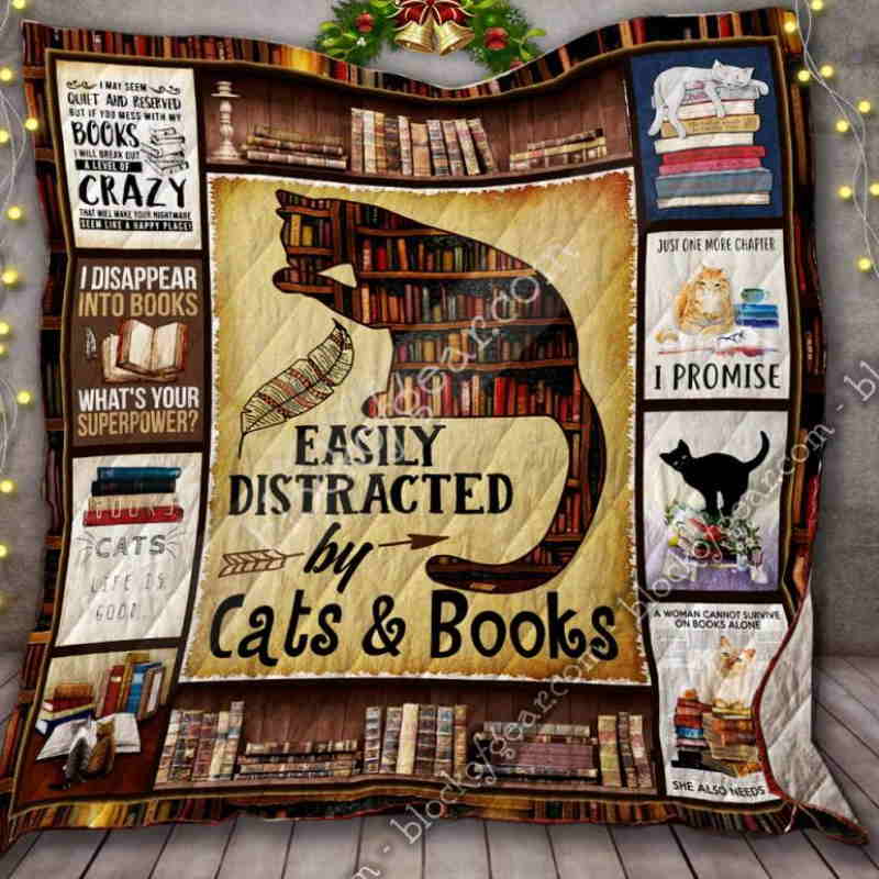 Easily Distracted By Cats And Books Quilt Blanket