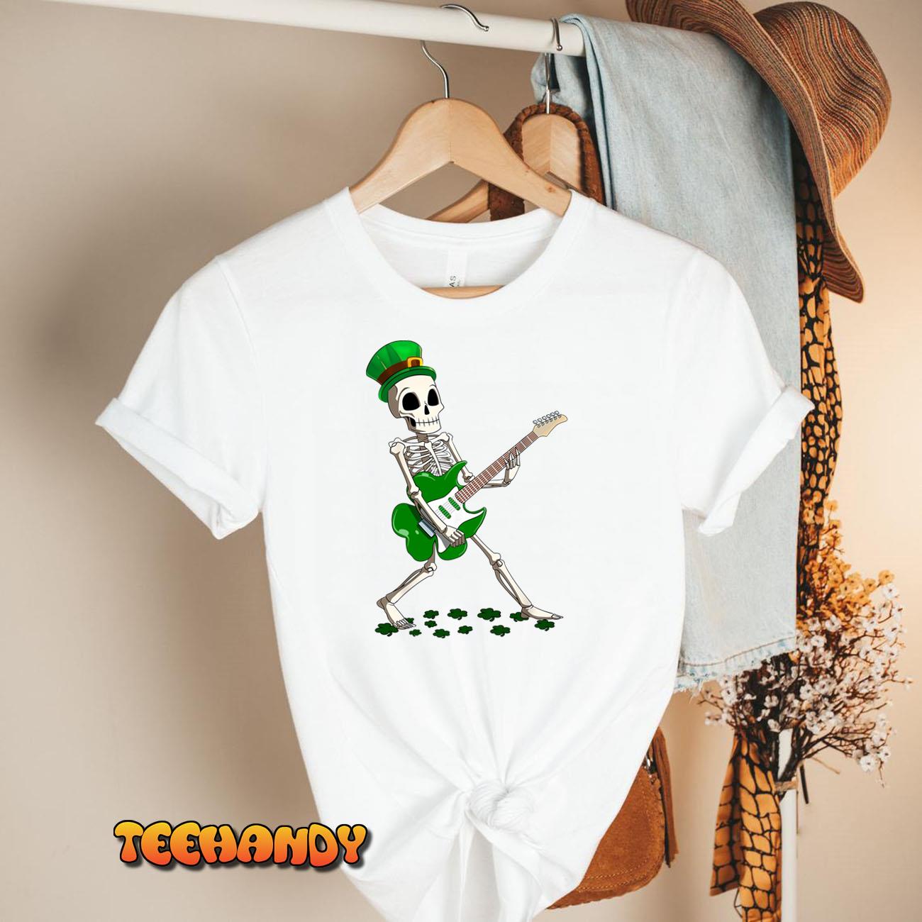 Funny Skeleton Playing Guitar Shamrock Irish St Patrick Day Pullover Hoodie