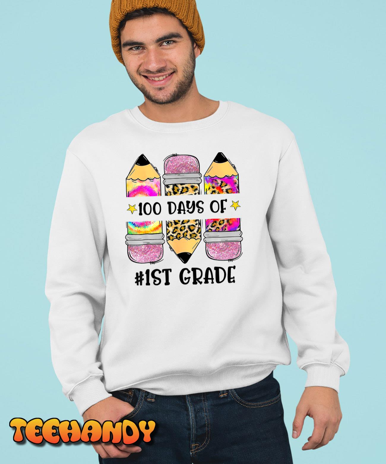 Happy 100th Day Of School 1st Grade Teacher Leopard Pencil T-Shirt